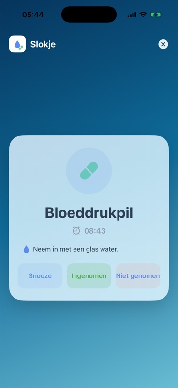 Slokje reminder overlay with action buttons